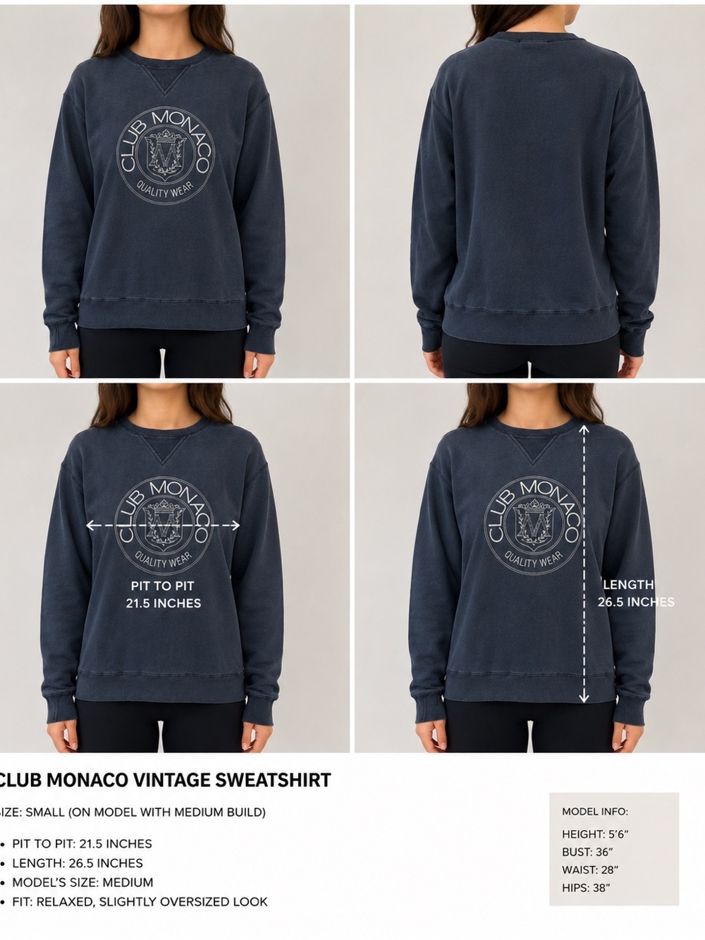 Vintage Club Monaco Navy Blue Crest Sweatshirt Made in Canada Size Small